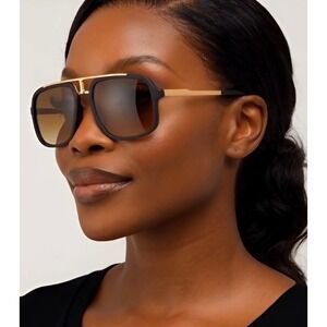 Oversized Square Aviator Sunglasses Black Gold Double Bridge Gradient Brown Lens